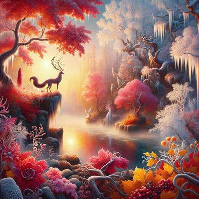 The primary subject of the image is a fox standing on a rock in a forest. The setting is a lush, colorful forest with a variety of trees and flowers. The visual style is a digital art or illustration, creating a vibrant and whimsical atmosphere. The dominant colors include red, pink, and orange, which contribute to the overall mood of the scene.